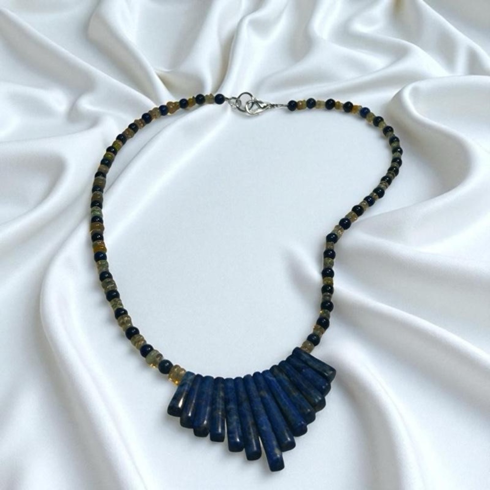 NEW HANDMADE Sterling Silver Gemstones Necklace lapis Lazuli, and Fire Opal - Picture 9 of 10